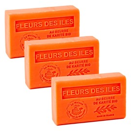 French Soap - Traditional Savon de Marseille - Set of 3 - Island Flower - Fleurs Des Iles - Shea Butter 125 g