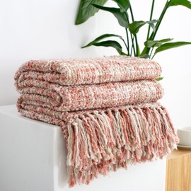 GINAMUSE Multi-Color Light Pink Cable Knitted Throw Blanket for Couch,60"X80" Boho Style Textured Blankets for Home Decor,Super Soft Warm Cozy Chunky Knit Blanket with Decorative Tassels for Bed