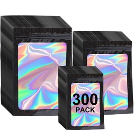 300 Pack 3 Sizes Resealable Mylar Holographic Bags Food Storage Smell Proof Bags with Front Window Packaging Pouch for Sample Snack Cookies Jewelry (Black, 3 x 4.7 inch,4 x 6 inch,4.7 x 7.9 inch)