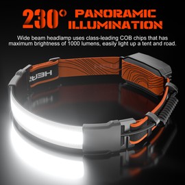 Rechargeable Headlamp, 230°Wide-Angle 1000 Lumens Headlamp Flashlight with Red Taillight 3 Light Modes Lightweight LED Head Lamp Adjustable Waterproof Head Light for Running Cycling (Black(2-Pack))