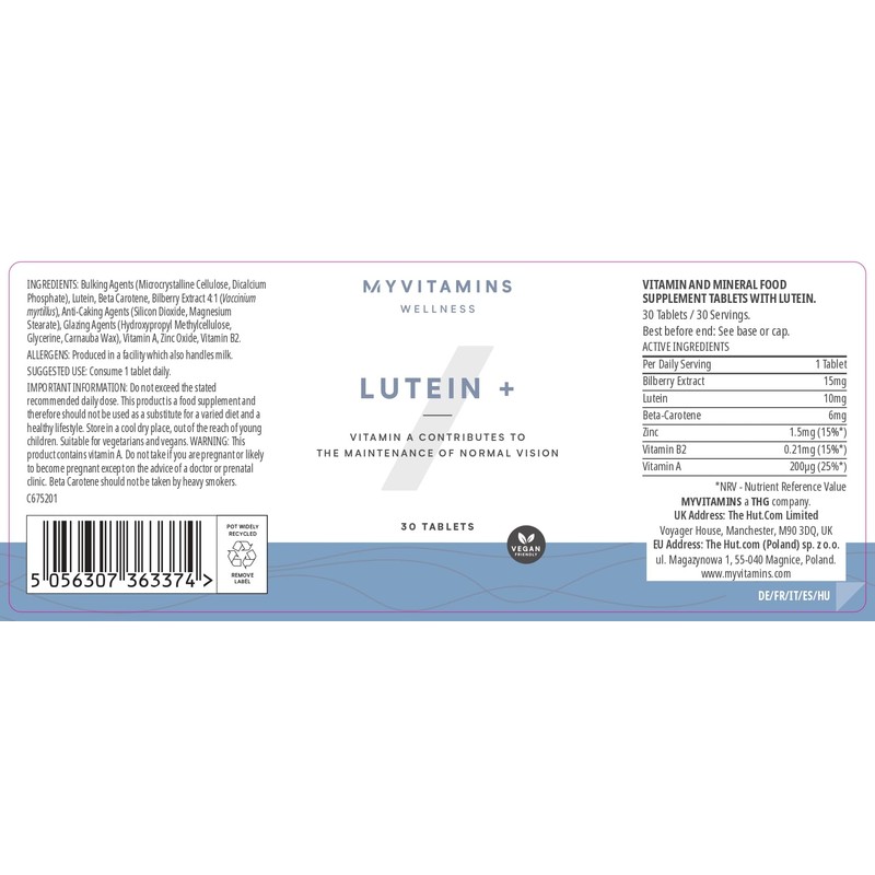 Myvitamins Lutein+ Tablets – 10 mg Lutein & Bilberry Extract, Vitamin A,