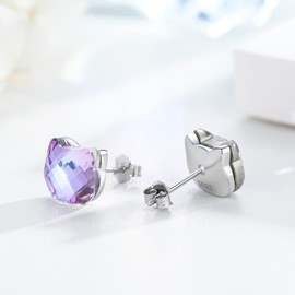 MOPOPOK Purple Crystal Cat Earrings 925 Sterling Silver Stud Earrings Cute Animal Stud Earrings Cat Jewelry Birthday Gift for Women