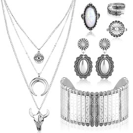 Ecally Bohemian Western Jewelry Turquoise Set Women Bohemian Pendant Long Choker Layered Bracelets Earrings Ring for Women(Fashionable,Silver)