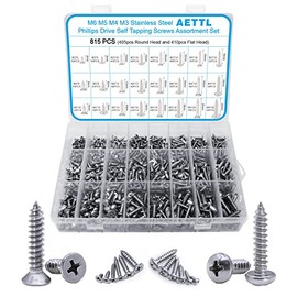 815pcs M6 M5 M4 M3 Wood Screws Assortment Kit, Metric Stainless Steel Assorted Self Tapping Screws Set Truss Flat Pan Head Phillips Drive Drilling for Deck Drywall Concrete Sheet Metal