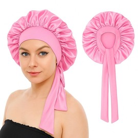 Silk Bonnet for Sleeping Women, Ajustable Hair Bonnet for Curly Hair with Tie Band Shower Caps Pink，Large