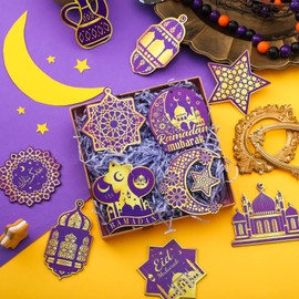 Panelee 36 Pcs Ramadan Ornaments for Tree Wooden Eid Mubarak Ornaments Hanging Castle Lantern Star Moon Islamic Ornaments Ramadan Decoration for Home(Purple Gold Colors)