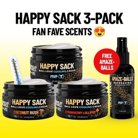 Happy Sack Cooling Ball Cream for Chafing Relief – Aloe, Cucumber & DeoPlex | Fresh Scent | Trending Men’s Care | Cooling Ball Cream That Actually Works Chamomile Coconut | Stops itching| No more chafing| Stay cool and fresh all day:_3-Pack Best Scents + Free Gift