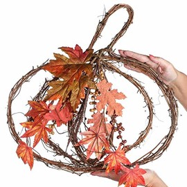 Factory Direct Craft Grapevine Pumpkin Hanger with Sugar Maple and Oak Leaves in Center for Home and Autumn Decor