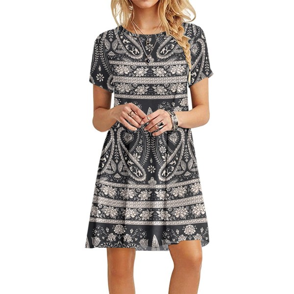 MOLERANI Women's Casual Plain Simple T-Shirt Loose Dress(Boho Floral Black,M)