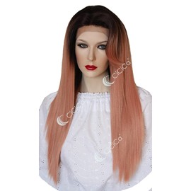 CiCiCa - “KIKI”, Synthetic Lace Front Wigs, 28 Inches Long Wig, Straight Wig with Side Bangs, Ombre Dark Brown Roots to Golden Rose Wig, Premium Heat-Resistant Synthetic Hair Replacement Wigs for Women.