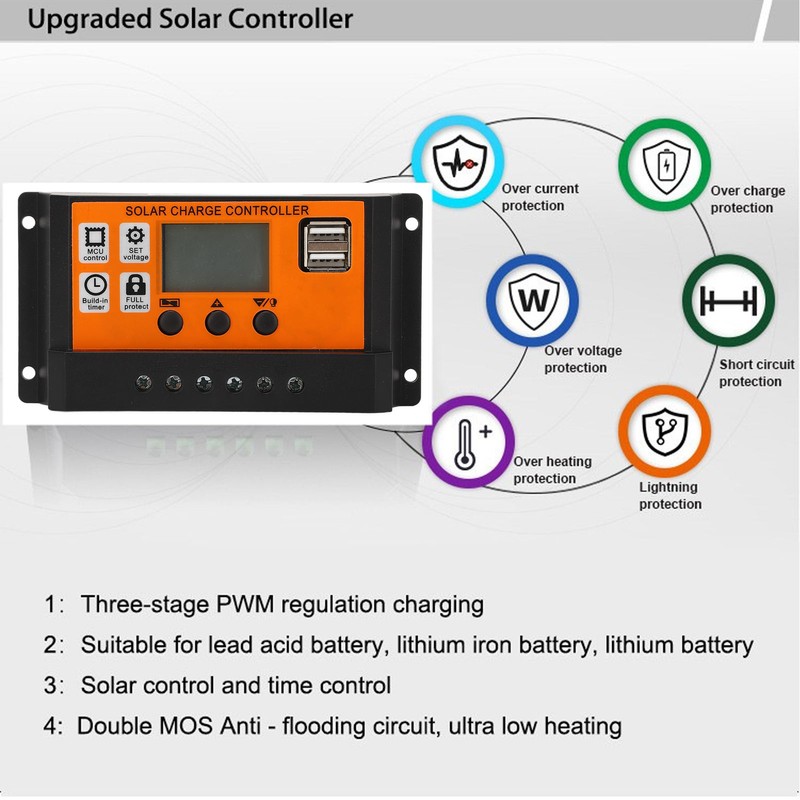 Solar Charge Controller LCD Display 3 Stage Management Solar Panel