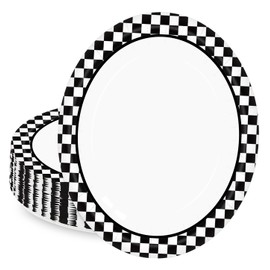HEIPINIUYE 50 Pieces Checkered Flag Oval Paper Plates 10 X 12 Inch Black and White Checkered Plates Disposable Dinner Plates for Racing Car Birthday Party Dessert Plates