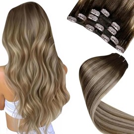 Hetto Clip-In Real Hair Extensions, Balayage Blonde, Medium Brown to Ash Blonde, Straight, Remy, Full Head, Natural, Invisible Hair Extensions, 5 Pieces, 80 g, 50 cm, #3/8/24