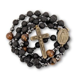Lava Stone Black Rosary Beads for Men, Catholic Rosary Necklace with Saint Medal & Cross, Yellow Tiger Eye Beads Strong Rosary Cross Necklace in Portable Gift Box, 52 cm, Stone, No Gemstone