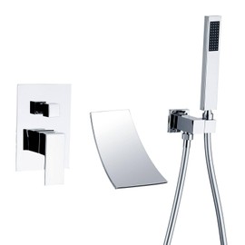 Waterfall Bathtub Faucet Wall Mounted with Handheld Shower Chrome, Tub Filler with Waterfall Tub Spout, Single Handle Tub Faucet Shower Faucet Set with Rough-In Valve，High Flow Shower Kit