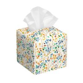 OHEGBXE Tissue Box Holder Colorful Leaves Spots on Branches Square Leather Tissue Box Cover Modern Cube Facial Paper Cover Case for Bathroom Vanity Countertop Night Stands Tabletop