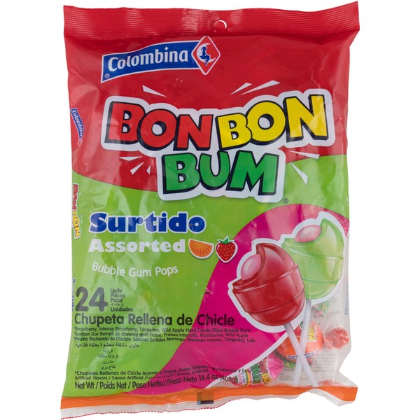 Colombina Bon Bubble Gum Lollipops, Assorted 24 Count
