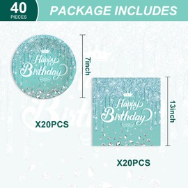 Birthday Party Decorations Desserts Plates and Napkins 40Pcs Teal Diamonds Tableware for 20 Guests Teal Blue Birthday Party Supplies