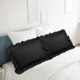 PiccoCasa Ruffled Pillow Shams Set of 2, Soft Breathable Pillow Covers with Envelope Closure, 100% Brushed Microfiber Pillow Case King Black