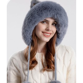 Plush Beanie Hat Faux Fur Winter Warm Cover Ears Cute Pompom Cat Ear Bucket Caps for Womens Grey