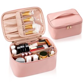 Women's Cosmetic Bag, Travel Makeup Bag, Large Make Up Bag, Organiser, Waterproof Travel Cosmetic Bag with Handle and Brush Compartment, Toiletry Bag, pink, Fashions