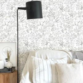 Cohoo Home Gray White Peel and Stick Wallpaper Gray Floral Contact Paper for Cabinets Drawers 17.3inW 118inL Self-Adhesive Removable Wallpaper Shelf Liner Bedroom Bathroom Waterproof Neutral Farmhouse