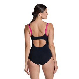 ARENA Bodylift Women's Makimurax B-Cup One Piece Shaping Swimsuit Strap Back Tummy Control Chlorine Resistant UV Protection, Black/Rose Violet, Size 44