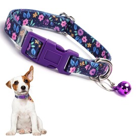 Purple Dog Collar with Bell, Pretty Cute Floral Flower Cat Collar Girl Puppy Collars with Bells for XS Small Tiny Pet Female Dogs, S