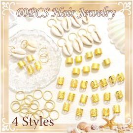 NAISKA 60PCS Shell Hair Jewelry for Braids Seashell Loc Charms Gold Hair Cuffs Rings Multi Styles Dreadlock Braid Clips Hair Accessories for Women
