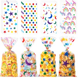 GOMANCHE 100 Pcs Cellophane Treat Bags, Rainbow Star Dot Moon Goodie Bags with 100 Twist Ties for Pride Day, Kids School Lunches, Baby Showers, Birthday Parties