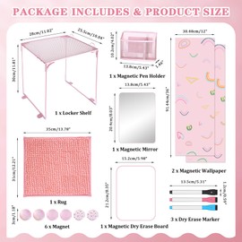 AKONEGE 16 Pcs Pink Locker Accessories for Girls, Locker Organizer & Decorations with Shelf, Rug, Magnetic Wallpaper, Mirror, Whiteboard, Pen Holder, Markers, Magnets for Back to School Office Gym