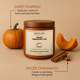 Majestic Pure Pumpkin Cinnamon Scented Candle with Upto 45+ Hrs Burn Time, 2-Wick Candle, Soy Wax Blend for Cleaner Consistent Burn, 10 oz Jar Candle with Room Filling Fragrance, Spiced Chai