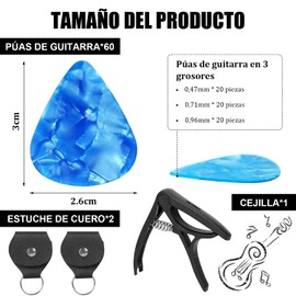 60pcs Púas para Guitarra, Accesorios para Guitarra, con Cejilla y 2 Fundas de Piel Sintética, Material de Celuloide Duradero.