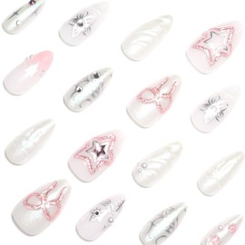 24 Pcs Glitter Press on Nails Short Almond Nail Tips,YEFIUO Acrylic Nail Kit Summer Fake Nails Press ons Glue on Nails Full Cover Reusable False Nails Pink Bow Rhinestones French Nail Art for Ma'am