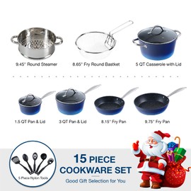 MAISON ARTS Kitchen Cookware Sets - 15 Piece Nonstick Pots and Pans Sets with Granite Hammered for Induction & Dishwasher Safe, Oven, Stovetop, Blue