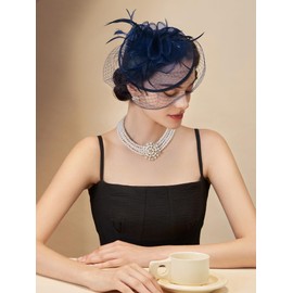 SWEETV Fascinators Hats for Women, Tulle Flower Tea Party Hats for Kentucky Tea Hat Derby, Cocktail, Wedding, Fancy Dress Party, Navy Blue