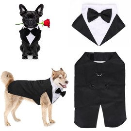 Dog Tuxedo Shirt Formal Suit Bandana Set, Pet Bow Tie Outfit Wedding Tux Prince Wedding Attire Party Costume Suit for Large Medium Dogs Golden Retriever Clothes Gentleman Apparel Coat (Black, Small)