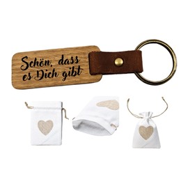 Druckerino Key Ring with Saying: Schön, DASS es Dich gibt incl. Gift Bag I Beautiful Gift I Gifts for Women I Gift Idea Best Friend I Wood with Vegan Leather