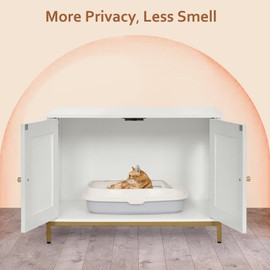 Homhedy Cat Litter Box Enclosure, Cat Washroom Furniture with Metal Frame, Pet House, Fit Most of Litter Box, Modern Style, White and Gold