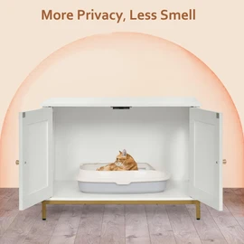 Homhedy Cat Litter Box Enclosure, Cat Washroom Furniture with Metal Frame, Pet House, Fit Most of Litter Box, Modern Style, White and Gold
