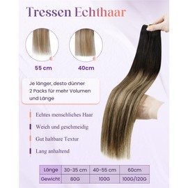 LaaVoo Real Hair Extensions, Weft, Blayage, Black, Black, Ombre, Dark Brown, Light Blonde, 30 cm, for Sewing in, Double Wefts, 80 g, #1b/4/27