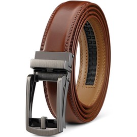 Founders & C Mens Ratchet Belt Leather Comfort Click 1 1/4" with Slide Buckle, Casual Dress Belt Adjustable (Laser/Cognac, 36" to 42" Waist Adjustable)