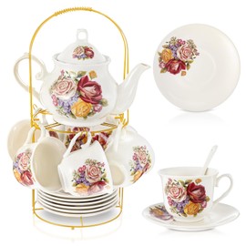 Zhehao 20 Pcs Porcelain Tea Set with Metal Holder and Spoon Adult Ceramic Tea Party Set European Flower Painting Teapot Cup Saucer Spoon for Women, Large Version (Styleish Style)