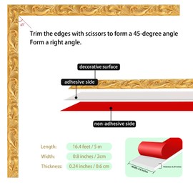 Leenevs Flexible Wall Trim, 16.4 Feet Self-Adhesive Peel Stick Crown Molding Ceiling Molding, Cabinet Border, Mirror Frame Trim, Gold