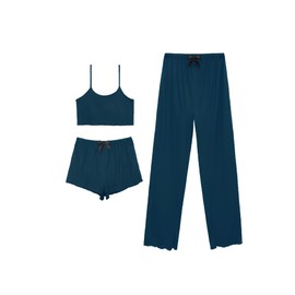 QLVKYW Women's 3Pcs Pajamas Set Cotton Sexy Cami Shorts Wavy Shape Pj Pants Lounge Set Dark Green