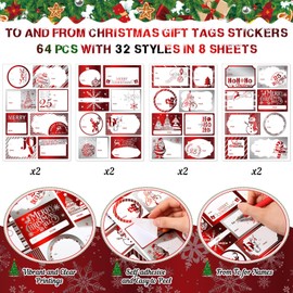 Gilprop 64 Christmas Gift Tags Stickers 8 Christmas Tags Present with String 8 Holiday Postcards Reindeer Snowflake Santa to and from Labels Self Adhesive for Xmas Gifts Presents Wrap(Silver,Tree)