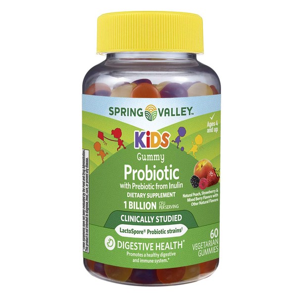 Spring Valley Kids Gummy Probiotic 1 Billion CFU + Prebiotic, Mixed Fruits, 60 Gummies