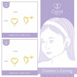 Carol 14k Solid Gold Hollow Heart Shaped Push Backs Stud Earrings Toddlers Children
