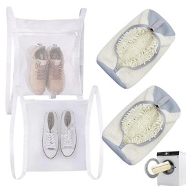 Flunyina 4Pcs Shoe Laundry Bags and Dryer Hanging Mesh Bags 2 Mesh Protective Washing Bag with Zipper and Straps 2 White Fluffy Fiber Deep Clean Reusable Shoe Cleaning Bag for 360° Cleaning