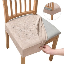 FUANGUI Waterproof Dining Chair Covers Set of 4, Diamond Pattern PU Chair Seat Slipcovers Removable Washable Chair Covers Protector Dining Room, Kitchen Chair Covers Slipcover, Rear Gapped, Khaki